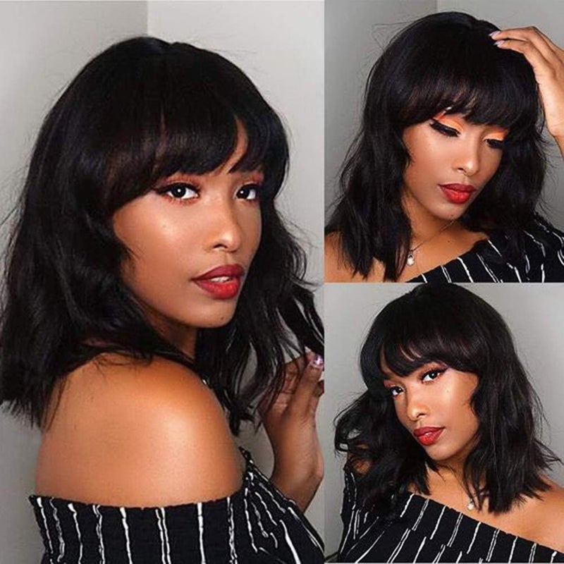 WIGNEE Natural Wave Wigs with Bangs 100 Brazilian Human Hair Fashion Wave Wigs Natural Black